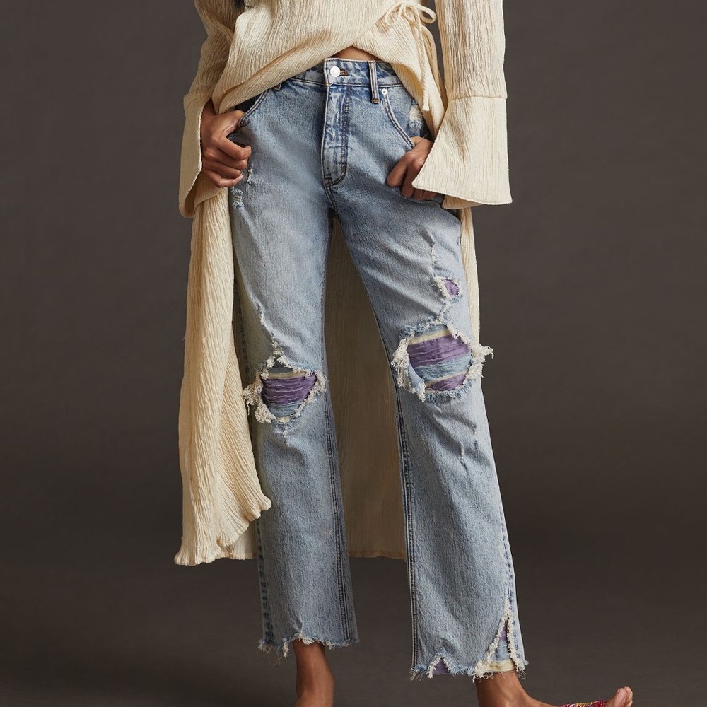PILCRO High-Rise Vintage Straight leg jeans w/fabric detail along distressing